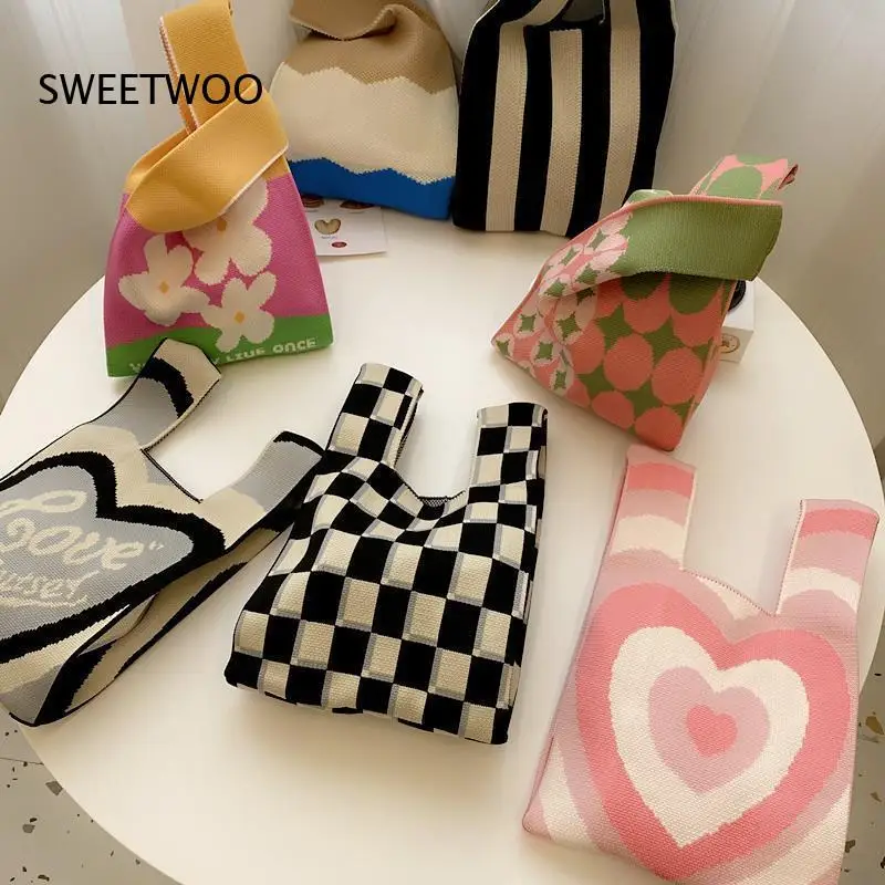 2026 Floral Heart Check Knit Mini Tote Bag Soft Stretch Yarn Lightweight Street Trend Student Daily Women Hand Purse