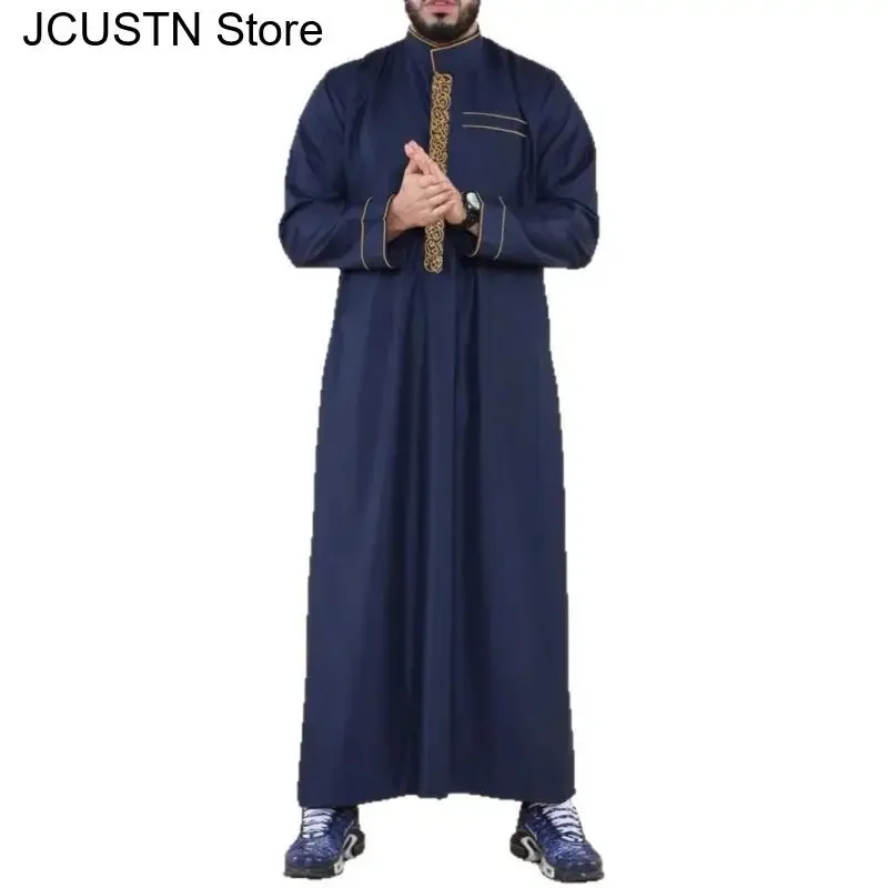 Men's Loose Robe Arab Muslim Men's Thobe with Long Sleeves Embroidered Stand Collar Islamic Men's Traditional Clothing