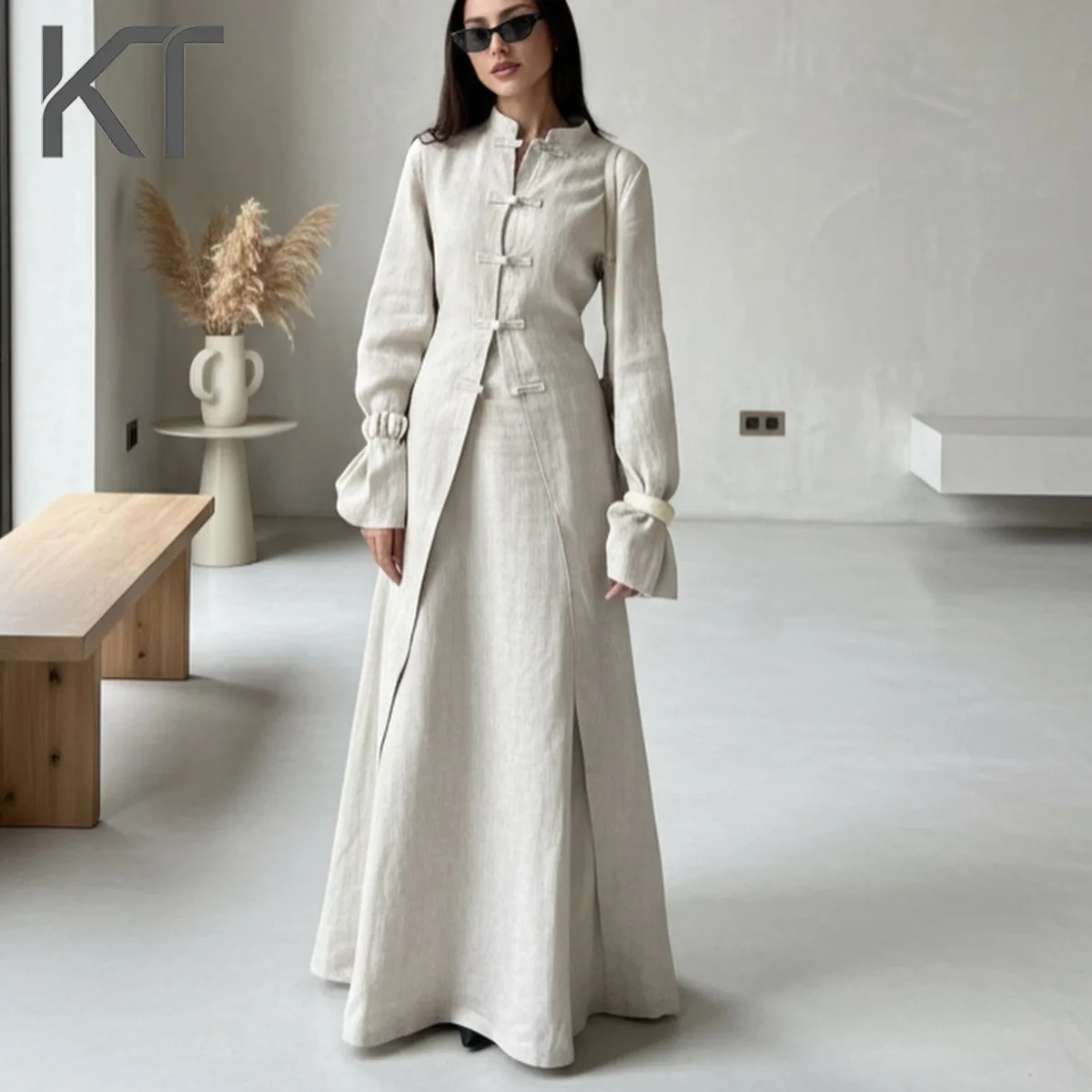 

KT Elegant Chinese Style Linen Dress for Women Mandarin Collar Frog Button Detail Sleeve Side Slit Party & Formal Wear Dresses