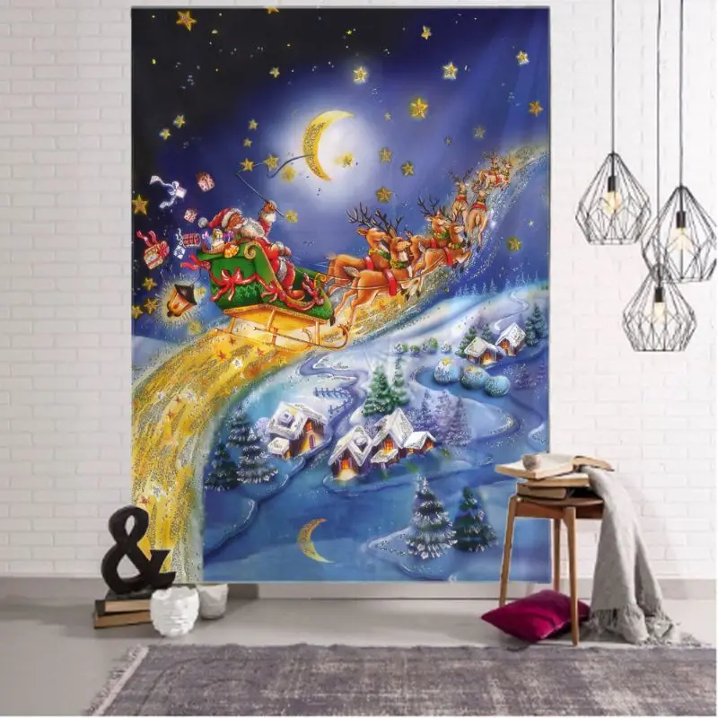 VIKAMA Wall Tapestry Merry Christmas Santa Claus Chimney Shhh Moon Town Home Decor Living Room Bedroom Dorm Aesthetic Print Soft