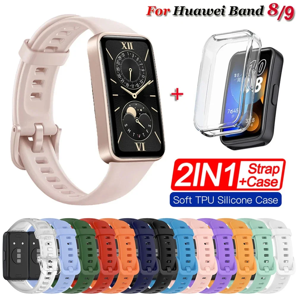 Silicone Watchbands For Huawei Band 9 8 Strap With TPU Case Replacement Strap For Huawei Band8 9 Correa Bracelet Belt Bumper nfc