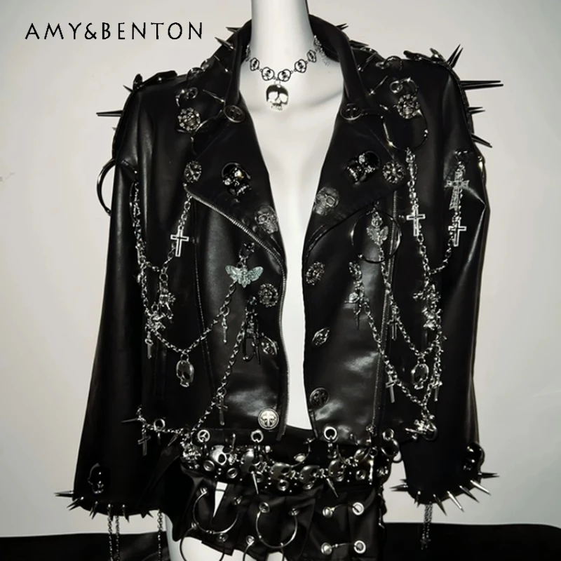 Original Design Punk Rock Sweet Cool Women's Clothing Coat 2025 Autumn New Gothic Heavy Rivet Chain Unisex Black Leather Jacket