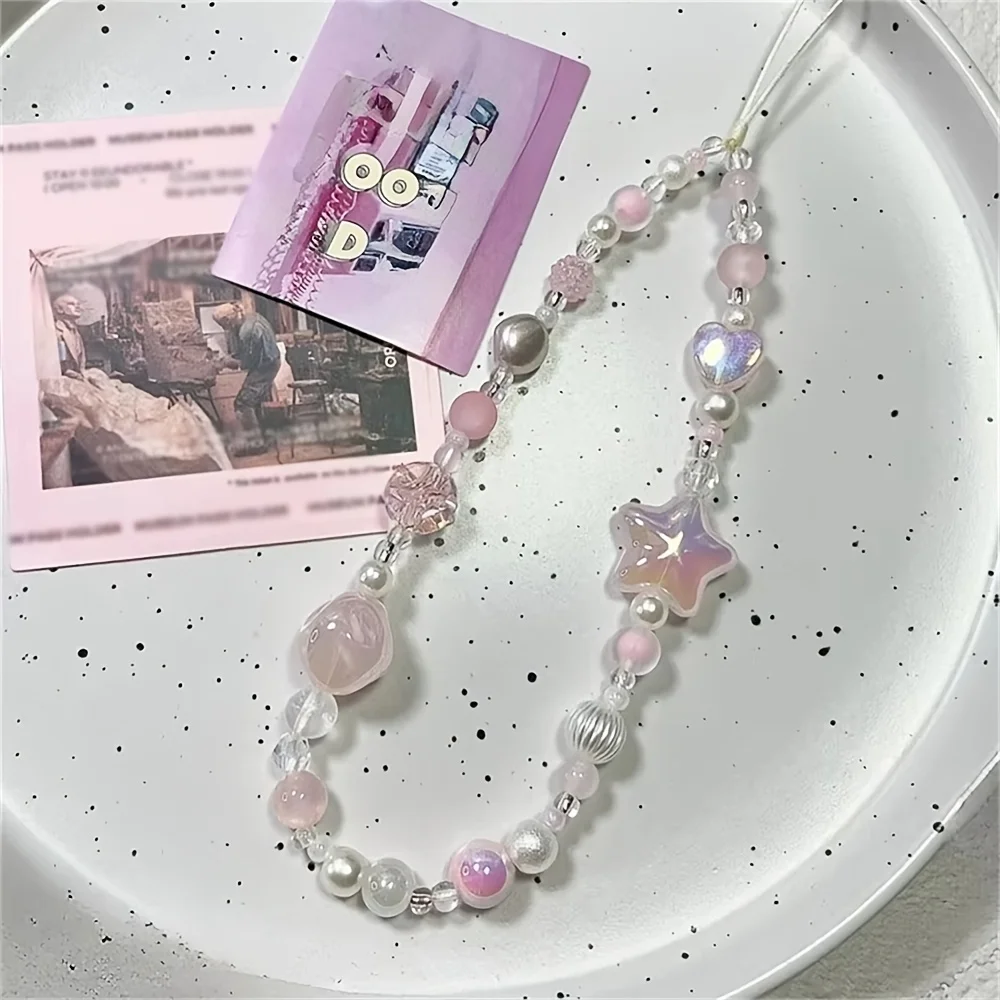 Korean Sweet Cute Pink Star Heart Beaded Phone Chain Charm Lanyard For iPhone Samsung Universal Anti-Loss Hanging Rope Jewelry