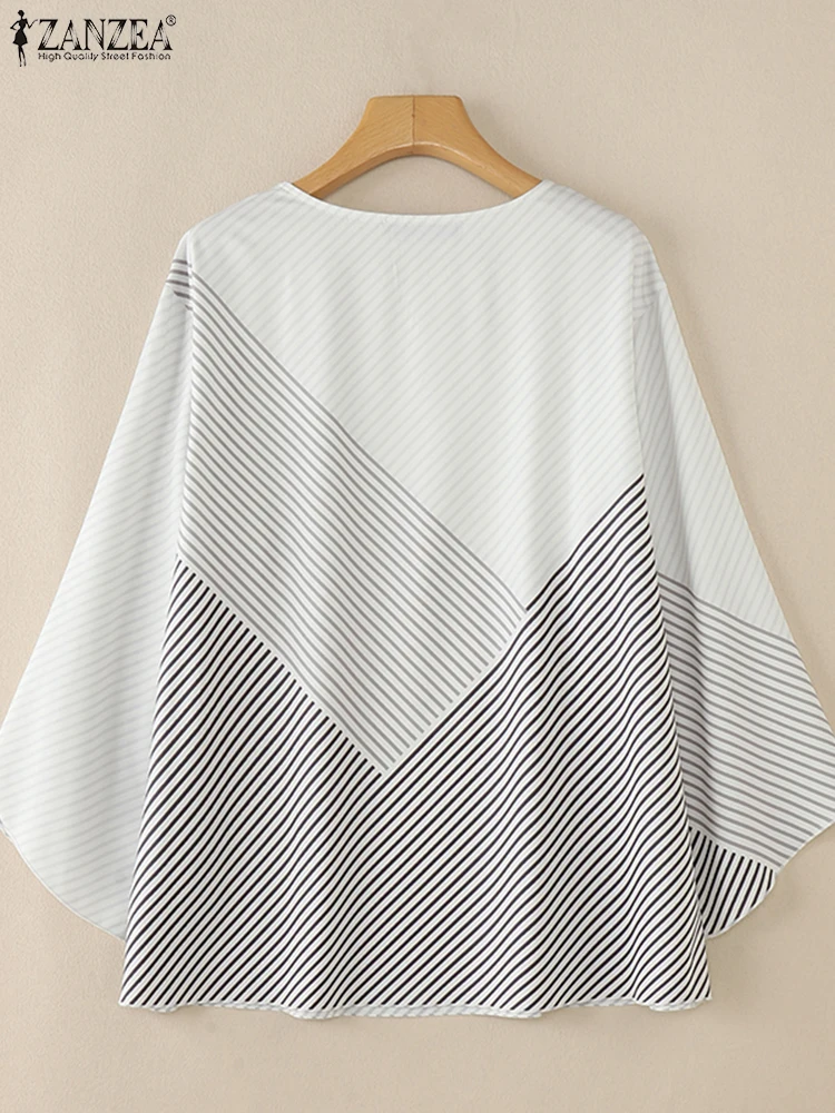 ZANZEA Korean Fashion Long Sleeve Tops Colorblock Stripes Splicing Blouses Round Neck Printing Simple Commuting Office Blusas