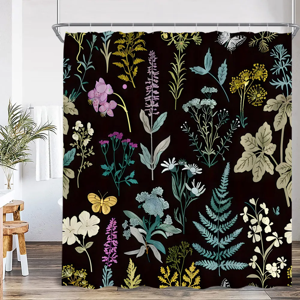 Watercolor Floral Shower Curtain Daisy Herb Plant Flower Botanical Bathroom Decor Modern Dark Polyester Bath Curtain with Hooks