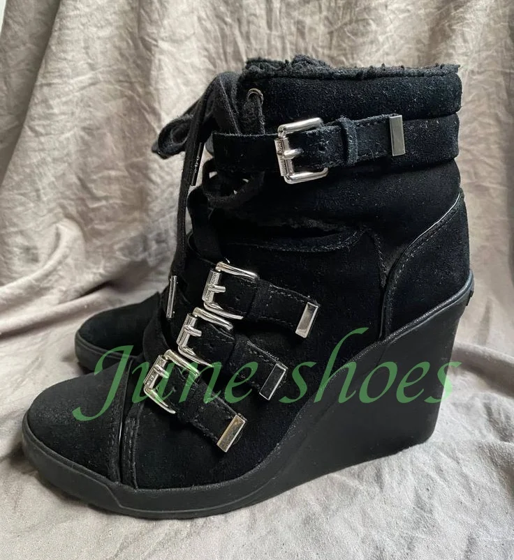 Black Faux Suede Multi Silver Buckle Wedge Ankle Booties Lace Up Round Toe Y2K Punk Moto Street Women Platform Heeled Boots Size