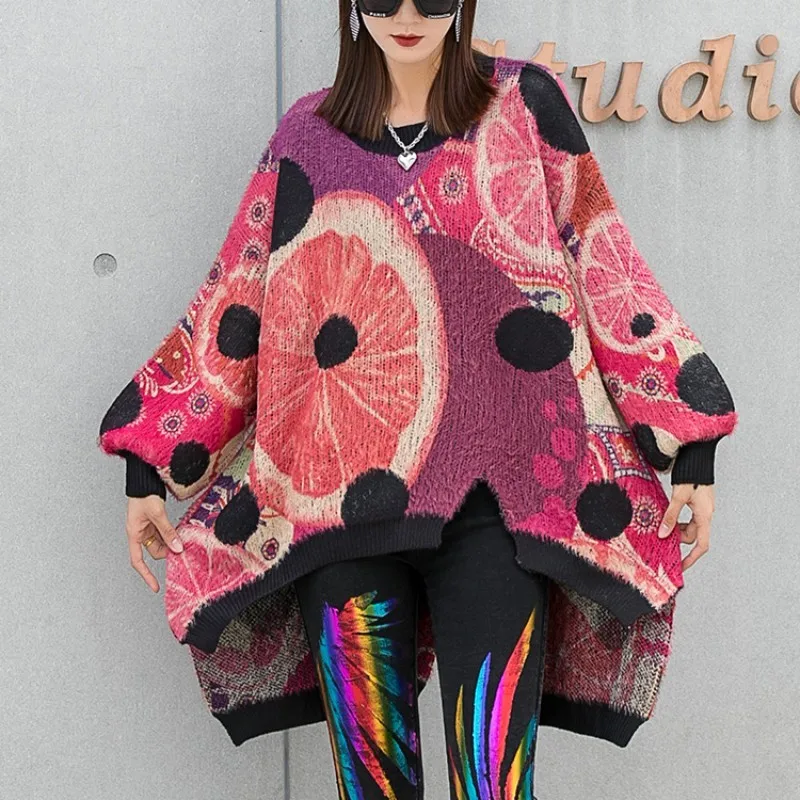 Color Printed Round Neck Long Sleeved Irregular Front Short Back Long Knitted Pullover Sweater Women 2024 Autumn Winter LX1714