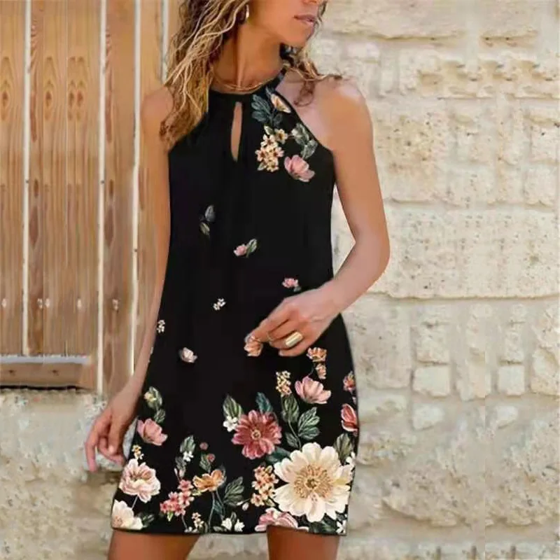 

2025 Hot Sells Summer Women's Sleeveless Dress Fashion Casual Pullover Spliced Halter Neck Sexy Beach Off-shoulder Vest Skirt