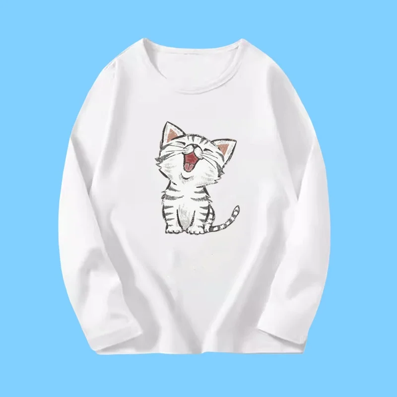 

MOTO-2025 Весенне-осенняя футболка с длинными рукавами Kawaii Cat с принтом, модный повседневный топ с круглым вырезом
