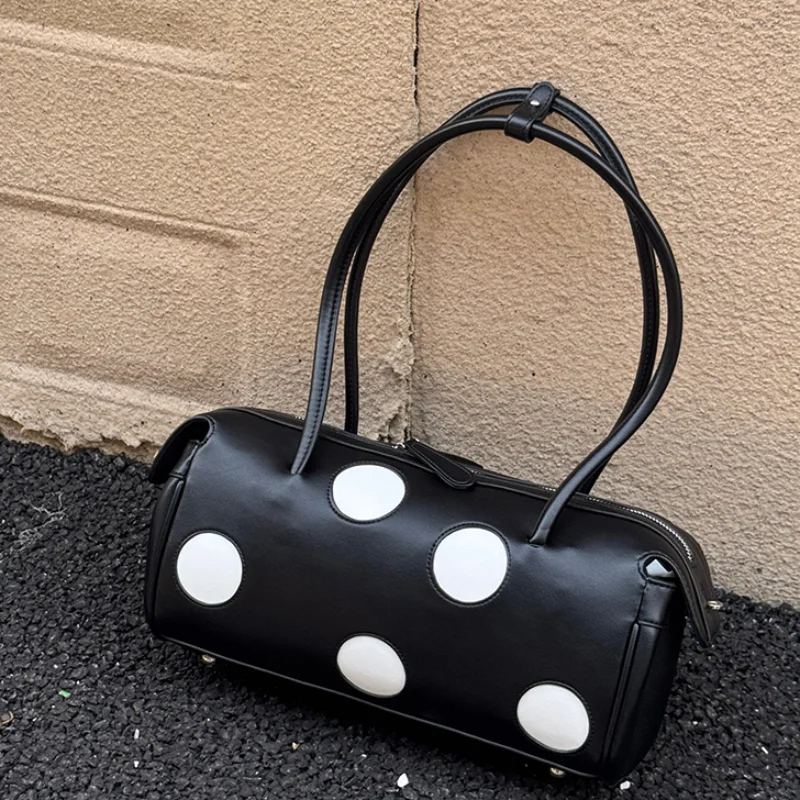 Korean Retro Polka Dot Cylindrical Shoulder Bag,women's PU Leather Boston Bag,fashion Y2k Zipper Underarm Bag Casual Commute Bag