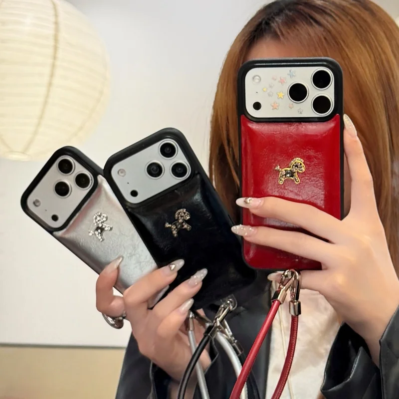 

Luxury Glossy Leather Phone Case For iPhone 17 16 Pro Max 14 15 Pro Cover with Hand Rope Shockproof Hard Protective Cases Cute C