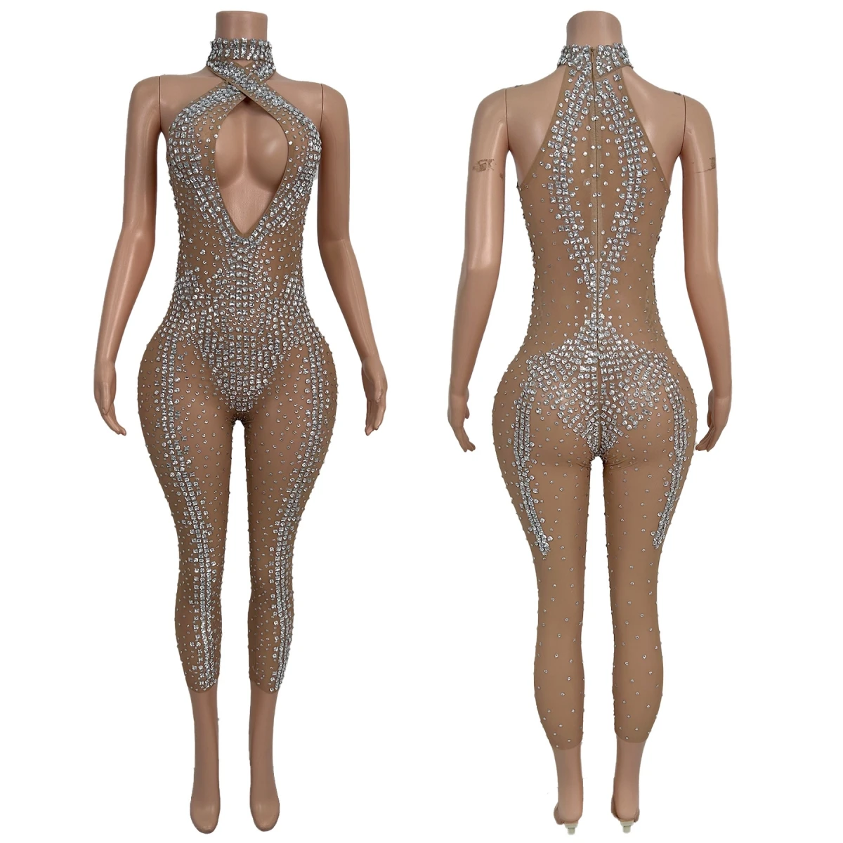 

Sexy Sparkly Silver Crystals Luxury Jumpsuit Sexy Drag Queen Performer Wear Hollow Out Low-cut Party High-end Outfit Jiaochaku