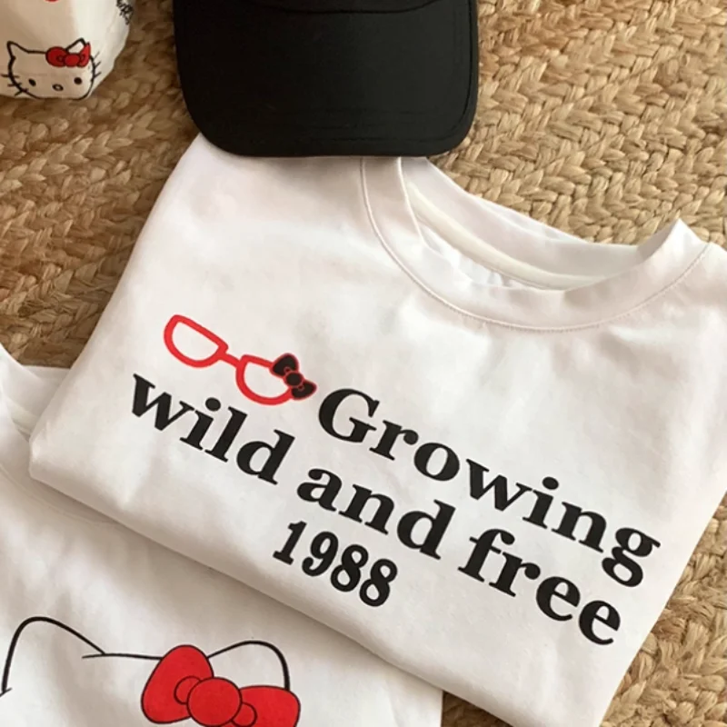 Summer niche street glasses cat letter printed white short sleeved t-shirt American y2k fashionable shoulder top
