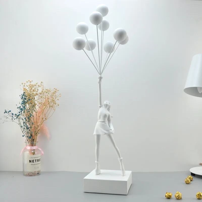 Art Balloon Girl Statue Flying Balloon Girl Sculpture Resin Craft Home Decoration Christmas Gift Living Room Decoration