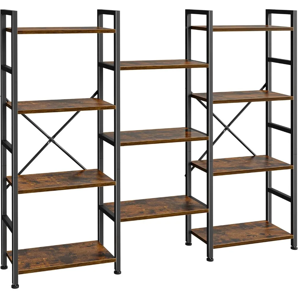 

Triple 4 Tier Bookshelf, Bookcase with 11 Open Display Shelves, Wide Book Shelf Book Case for Home & Office, Rustic Brown