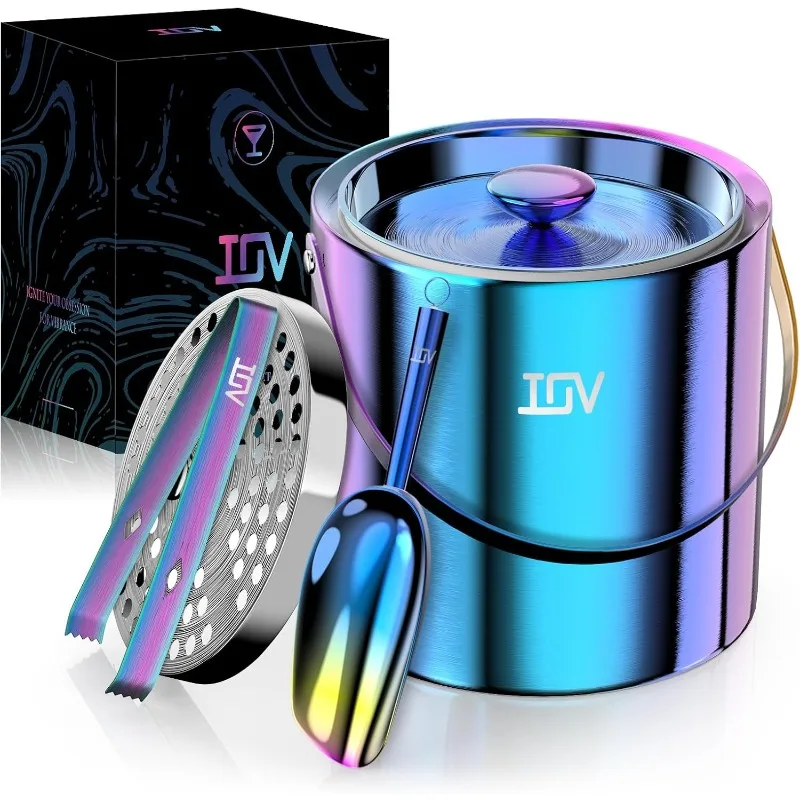 

Ice Bucket with Lid, Scoop, Tongs, and Strainer, 3 L Stainless Steel Double Wall Insulated Ice Bucket for Parties, Keeps Ice