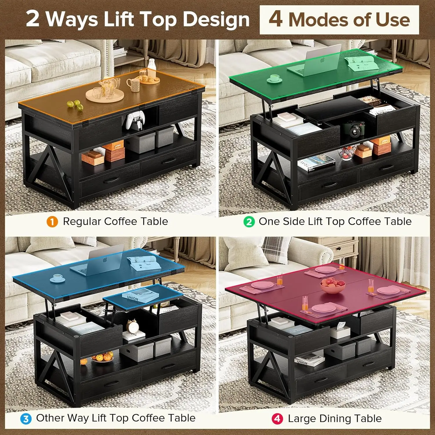 40" Lift Top Coffee Table,4 in 1 Multi-Function Lift Coffee Tables with Storage Drawers and Hidden, Customized