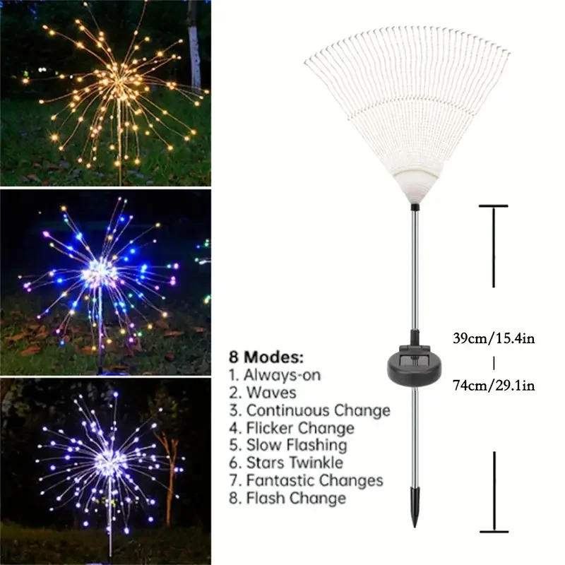 야외 방수 태양광 정원 불꽃놀이 조명, 리모컨 장식 조명, 8 가지 조명 모드, 200LED, 신제품