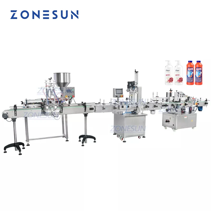 ZONESUN ZS-FAL180R9 Full Automatic Paste Honey Lotion Jam Round Bottle 2 Heads Filling Capping Labeling Machine Production Line