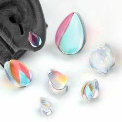 1Pair Top Quality AB Iridescent Teardrop Glass Double Flare Waterdrop Ear Plugs Tunnel Gauge Ear Stretching Expander