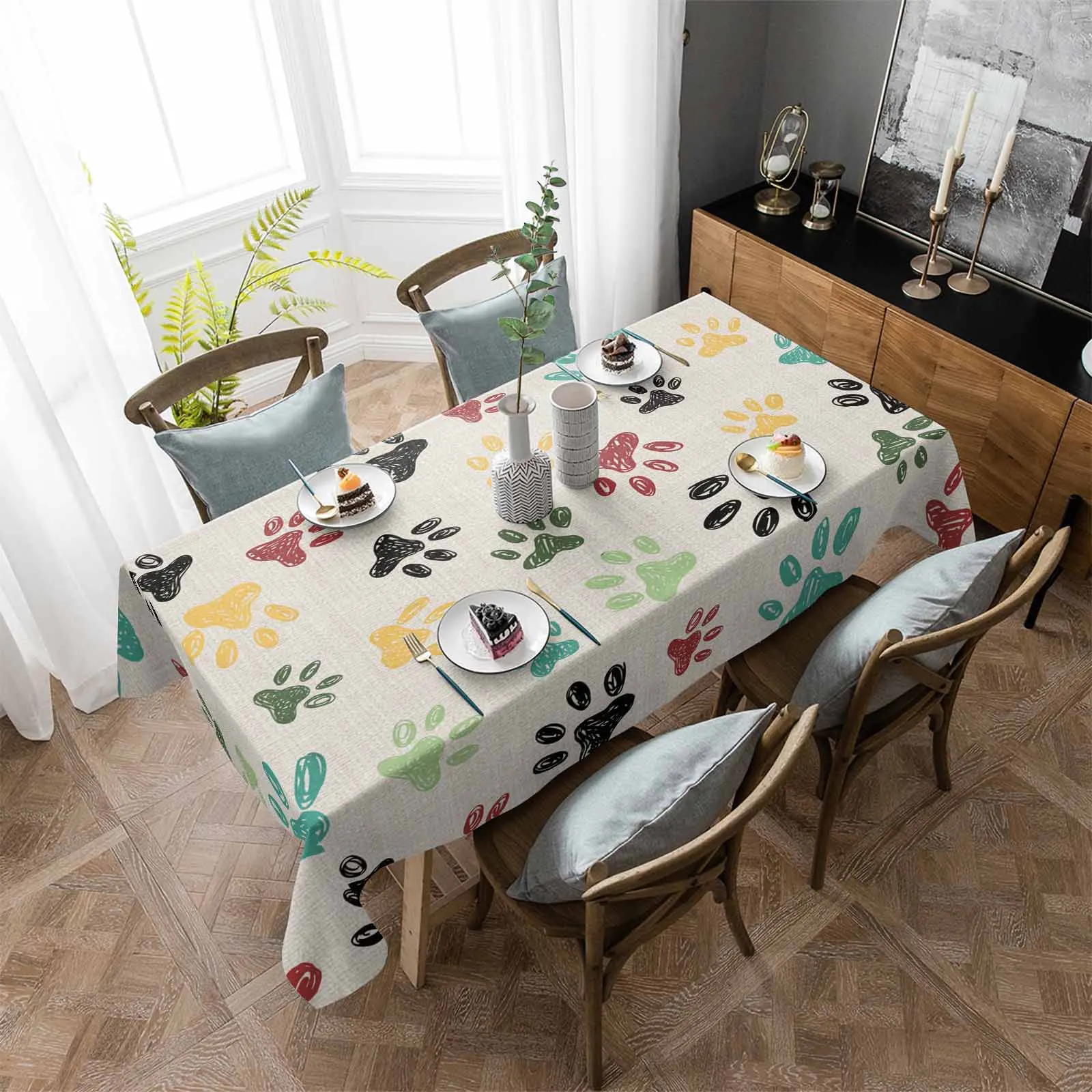 Animal Footprints Graffiti Linen Cloth Anti-scalding Waterproof Tablecloth Rectangular Round Table Cover Kitchen Furnishings