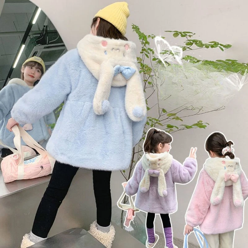 Kawaii Cinnamoroll Kids Thicken Plush Hooded Coat Sanrio Anime Clothes Cute Parka Fashion Comfortable Long-sleeves Warm Tops