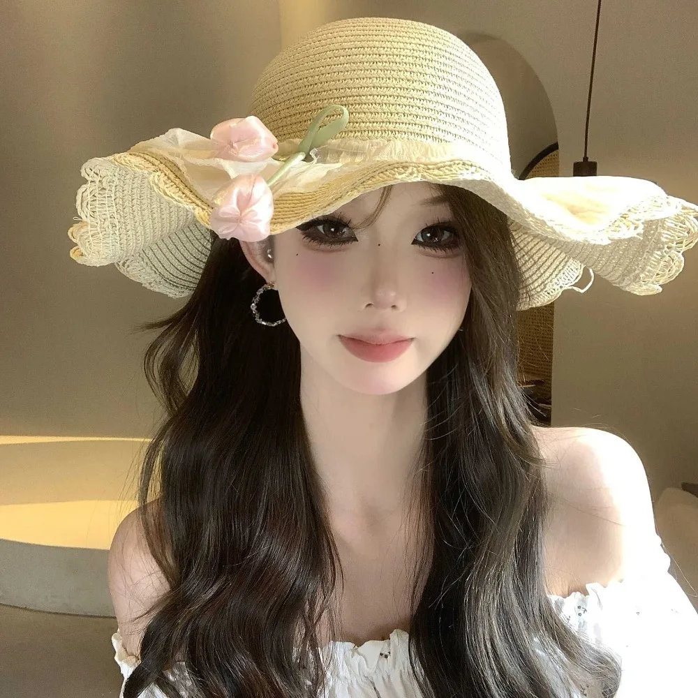 

Simple Sweet Lace Tulip Sun Hat Korean Style Wide Brim Straw Woven Hat Elegant Flat Top Bow Sunscreen Hat Seaside