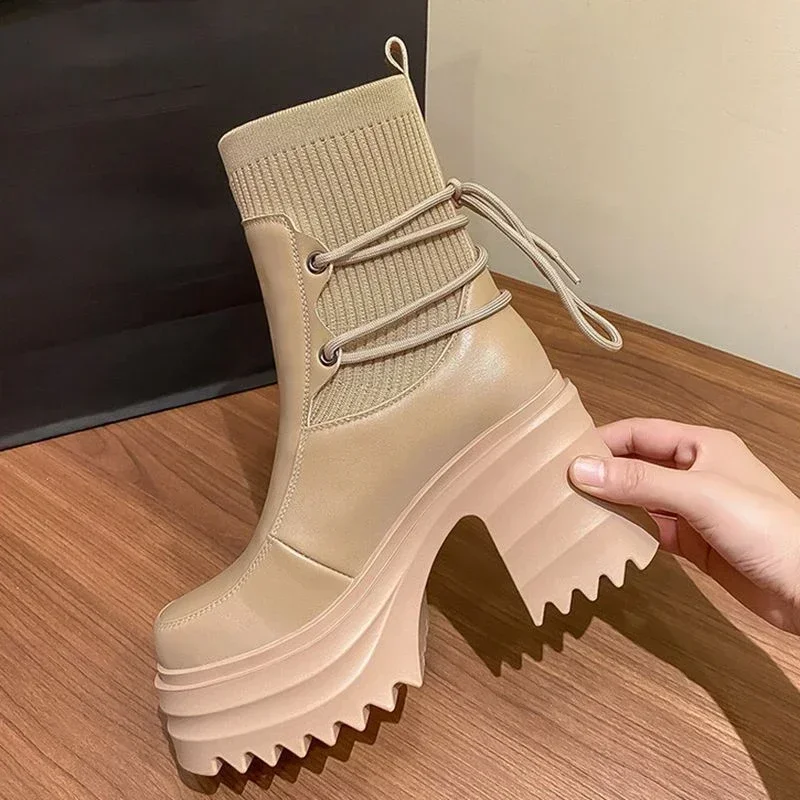 

2024 New Thick Soled British Style Knit Lacing Women's Thick Heels with High Heels Slimming and Increasing Ankle Boots