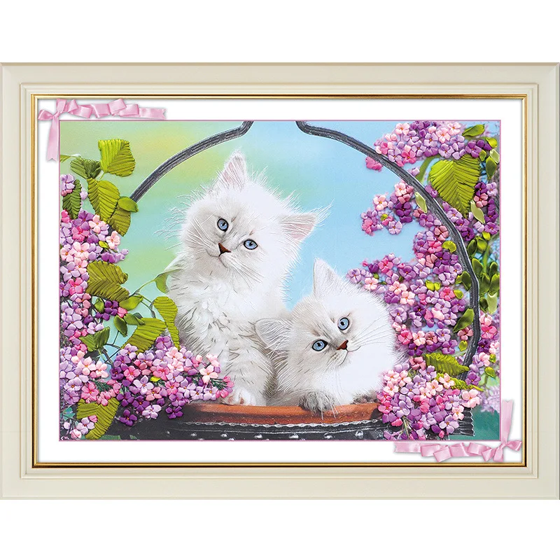 

60x45cm Needlework Ribbon Cross Stitch Set for Embroidery Kit,Cat Love Couple Cross-Stitch Handwork Home Wall Decoration