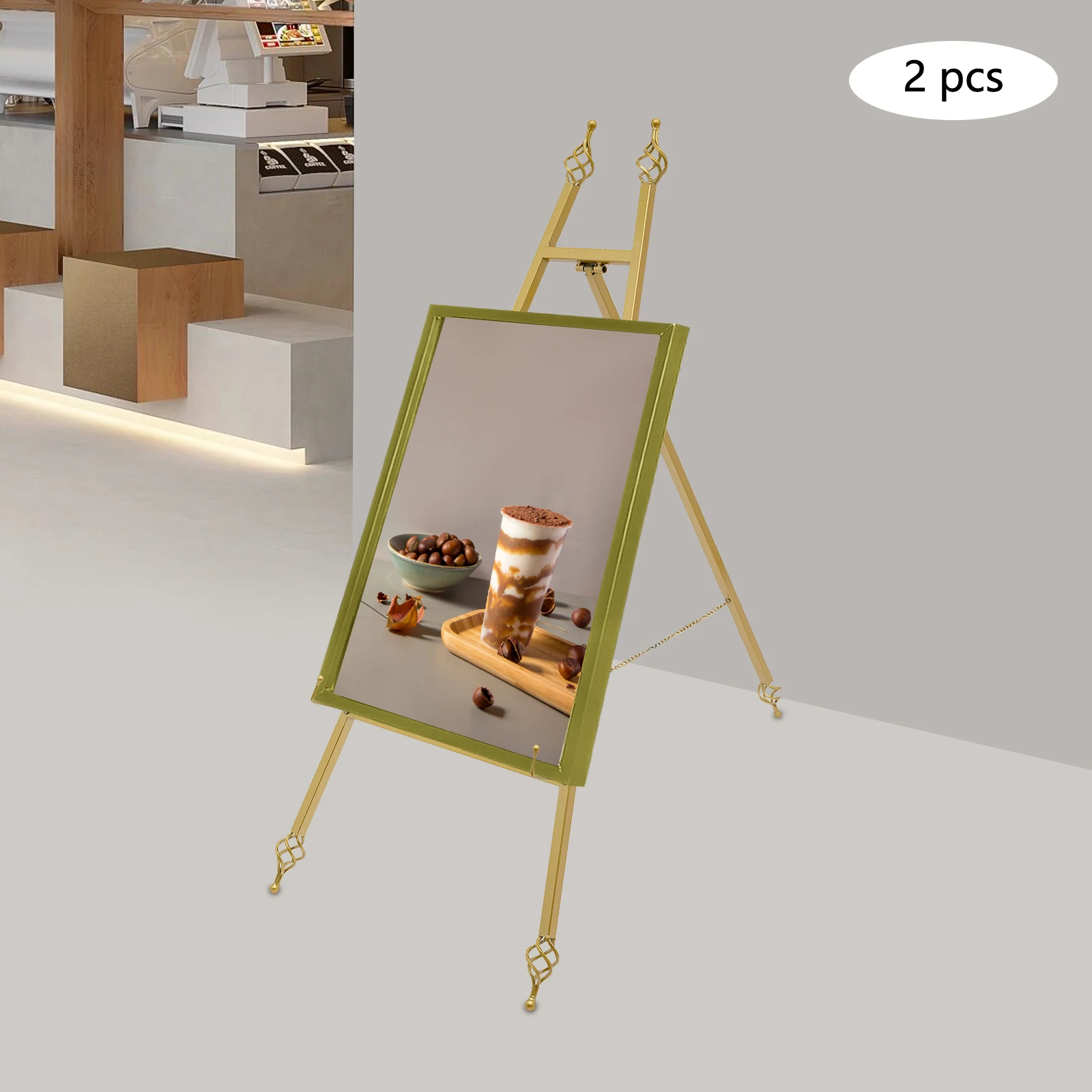 2Pcs Wedding Crown Top Display Easel Stand Golden Steel Poster Holder with Adjustable Chain & 6 Holes Hooks for Art Show Commercial Promotion