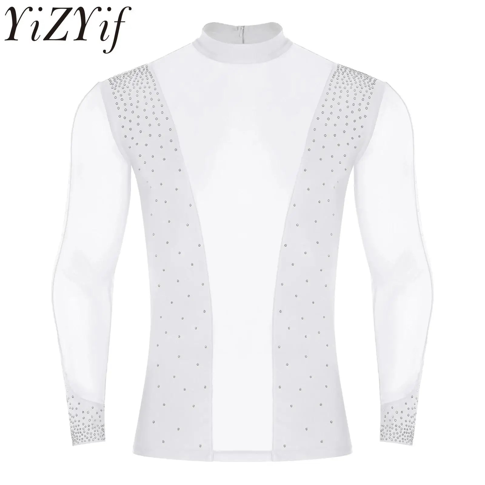 

Мужской топ для латинских танцев, прозрачная сетчатая футболка со стразами и длинными рукавами, блестящий топ для гимнастики, танцев, спорта и выступлений