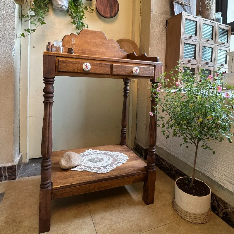 Vintage Solid Wood Garden Sink Table Rustic Outdoor Wash Stand American Retro Basin Counter Decorative Utility Table Patio Yard