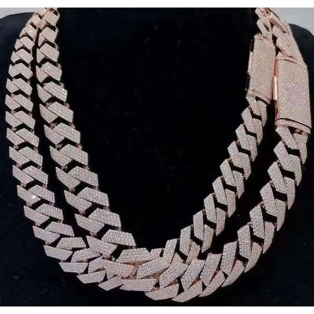 

Heavy Women Necklace Rose Gold Plate Cuban Chain Miami Hip Hop Jewelry 925 Silver Iced Out Vvs Moissanite Pink Cuban Chain