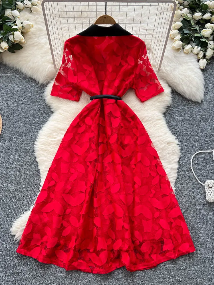 우아한 하이웨이스트 A라인 드레스 한국 스타일 반팔 레이스 여성 드레스 우아한 롱 스커트 컬러 블록 턴다운 칼라