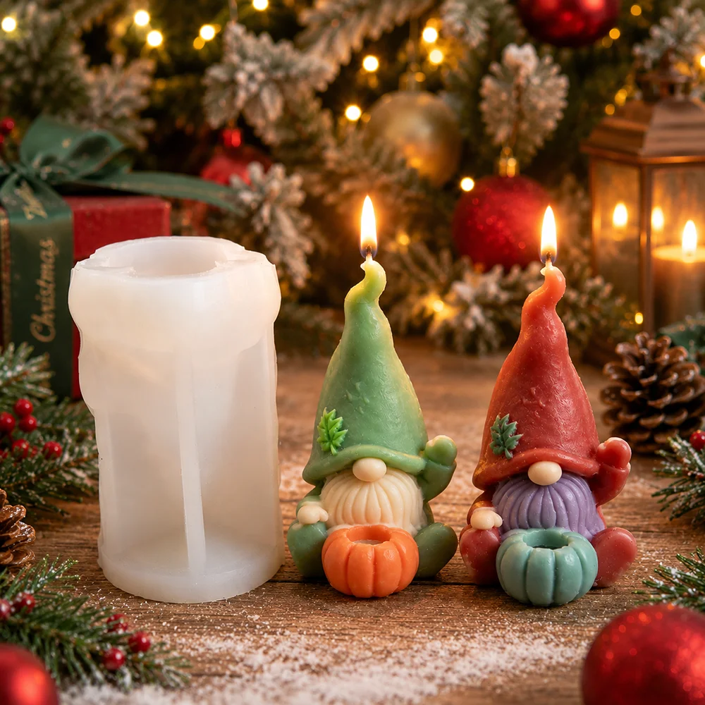 Christmas Dwarf Candle Silicone Mould Dwarf Holding  Pumpkin and Leaves Resin Gypsum Cement Mold Handcrafted Soap Making Tools