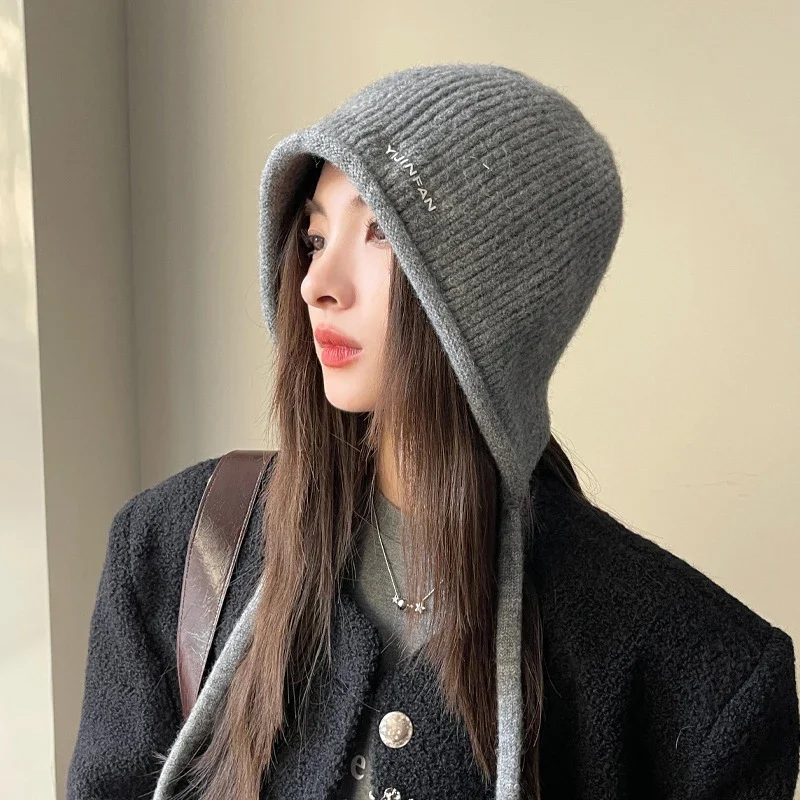 Women Sweet Double Drawstring Hat Autumn And Winter Letters Warm Versatile Knitted Earmuffs