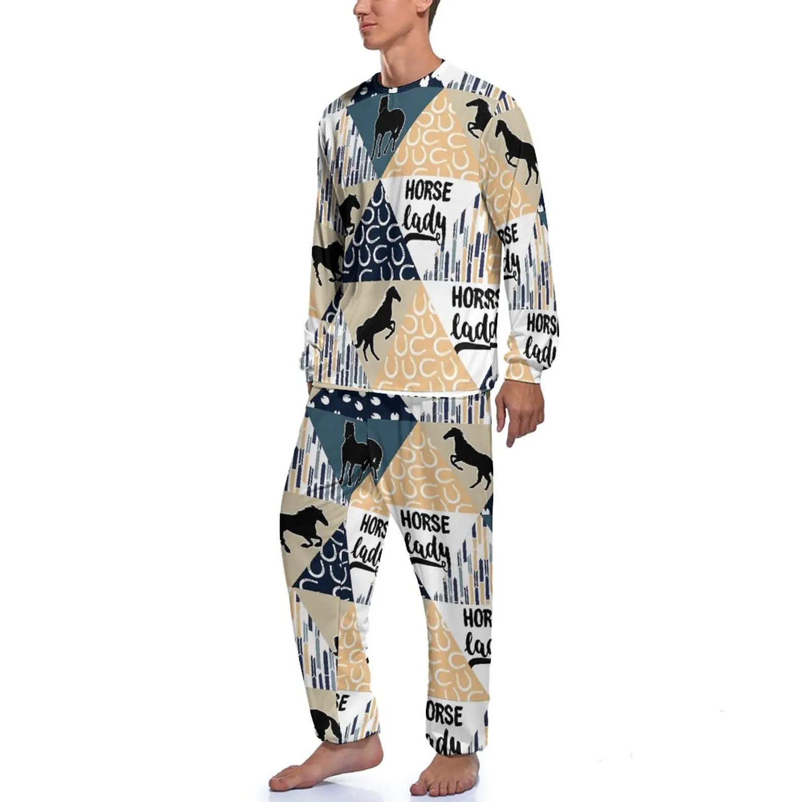 Horse Triangle Pajamas Autumn Two Piece Animal Print Romantic Pajamas Set Man Long Sleeve Night Graphic Home Suit