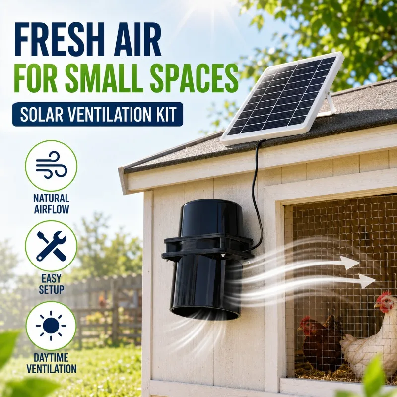 Solar Exhaust Fan Kit with Solar Panel Complete Ventilation System for Outdoor Pet House Battery Life Duct Pipe Installation