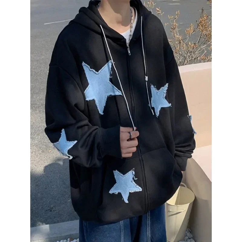 Men\'s Star Patch Zip Up Hoodie for Men Oversized Y2k Sweatshirt Jacket E-Girl 90s Pullover Streetwear