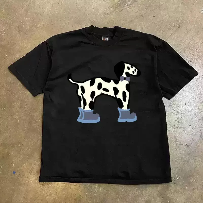 Cute Dalmation Dog With Boots Graphic T‑Shirt Men Women Funny Hand‑Drawn Pet Animal Print Unisex Loose Heavy Cotton Short Sleeve Streetwear Black Casual Tops.