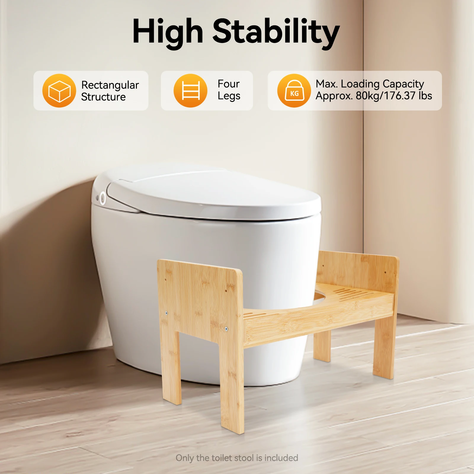 Stable Bamboo Toilet Stool Adjustable Height 2.36in Squatty Potty Step Stool for Kids Seniors, 176.37lbs Load, Natural Bathroom Aid for Constipation Relief