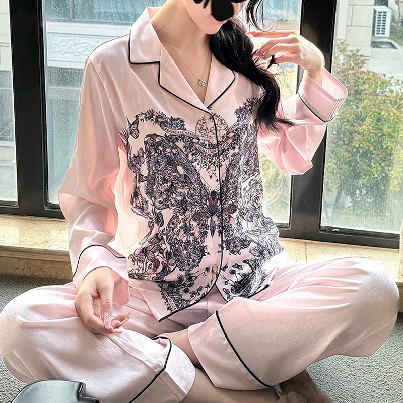 

Новинка! Весенний комплект: пижама с длинным рукавом и шелковистыми брюками, атласный домашний костюм с отложным воротником, женское сексуальное белье, пижама для дома.