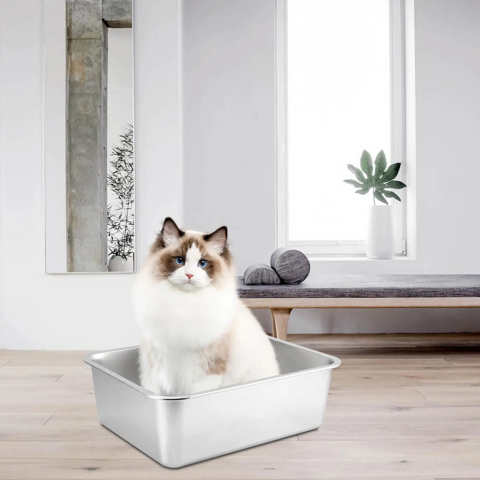 Stainless Steel Cat Litter Tray Spacious Open Toilet Container for Indoor Rabbits and Small Animals