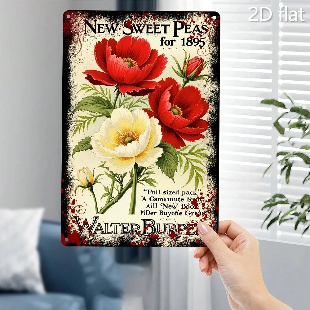 

Vintage Metal Wall Art 8x12 Inch Antique Floral Tin Sign Red Green Botanical Motifs Farmhouse Kitchen Garden Decor