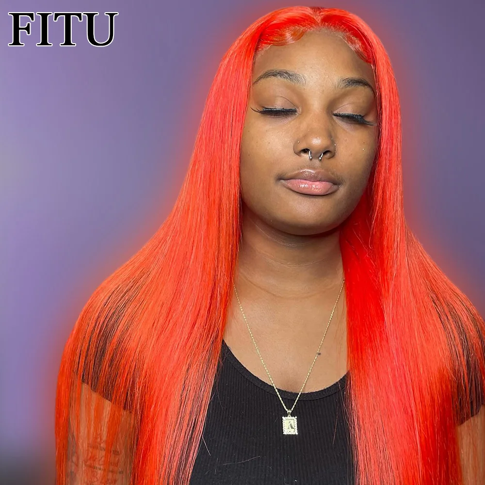 

FITU Orange Transparent 13x6 13x4 Lace Frontal Human Hair Wig 613 Colored Plucked With Baby Hair 5x5 Lace Closure Wig