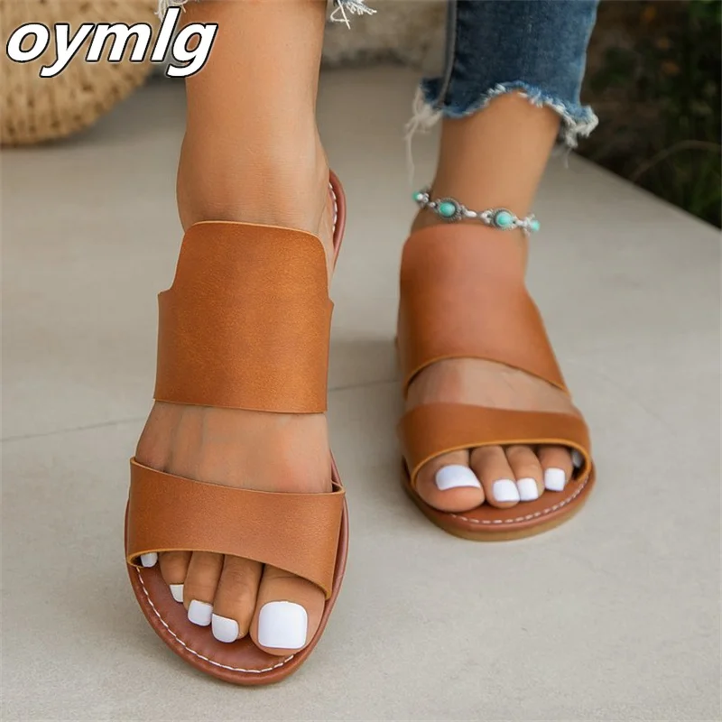 Flat bottom slippers for women 2023 summer new solid color round head casual sandals for external wear