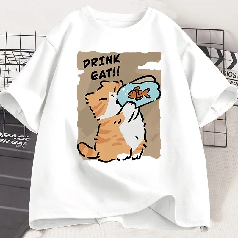 

Женская повседневная дышащая быстросохнущая свободная удобная футболка с короткими рукавами и 3D принтом Fun Cat Eating Fish с круглым вырезом