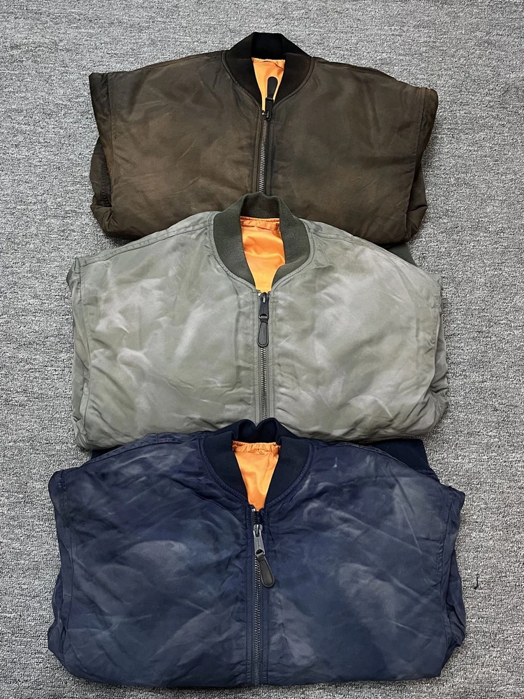 Retro Rustic Dyeing Loose Fit 3D Tailoring MA1 Bomber Cotton Jacket Heavyweight Youthful American Style Warm Thickened Zipper...