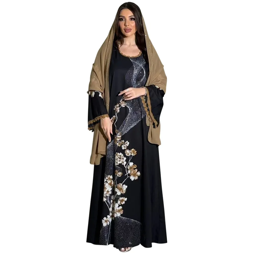 Print Casual Lace-up Arabian Dubai Abaya Fashion Muslim Dress Women Solid Party Holiday Long Sleeve Islamic Clothing with Belt