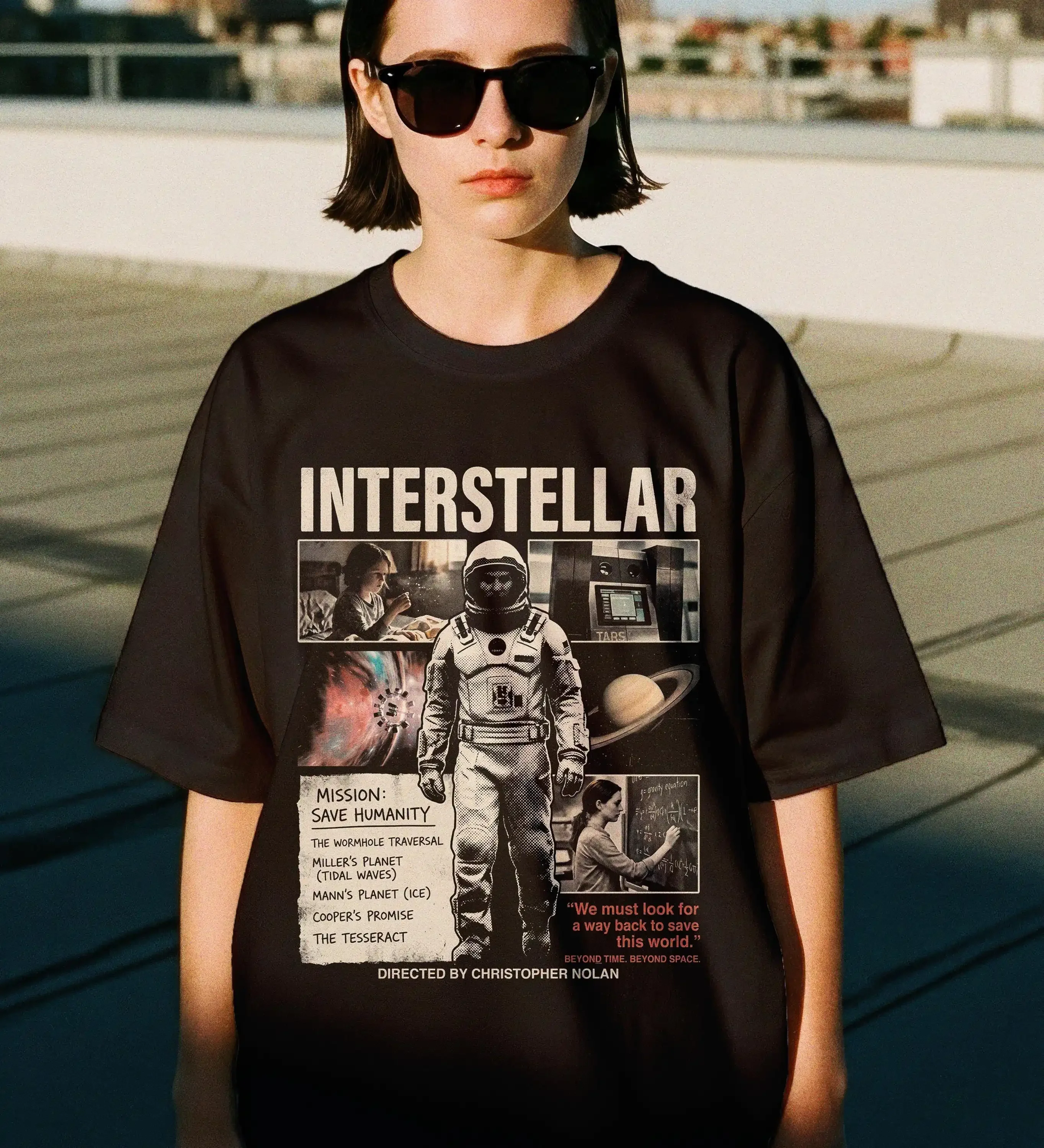Interstellar Shirt, Christopher Nolan Sci-Fi Film T-Shirt, Astronaut TARS Tesseract Movie Graphic Tee